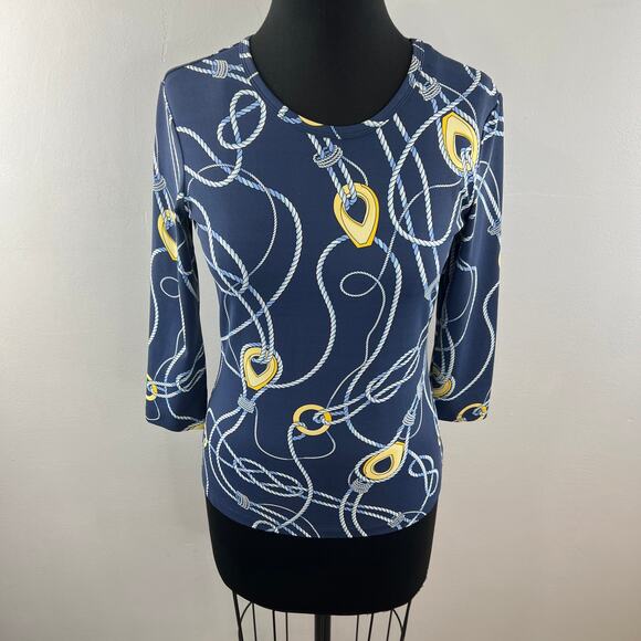 J. McLaughlin 3/4 Sleeve Top Blue Yellow Print Knot Round Neckline Stretch Sz XS - Picture 2 of 10